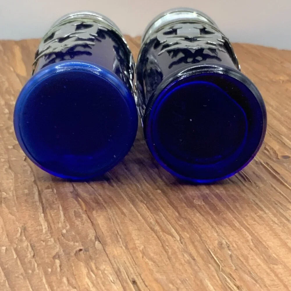 Coblat Blue Glass Vintage Japan Silver Plated Salt and Pepper Shakers